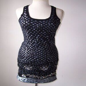 Black Stretch Knit Racer Back Sequin Beaded Fringe Dress S M